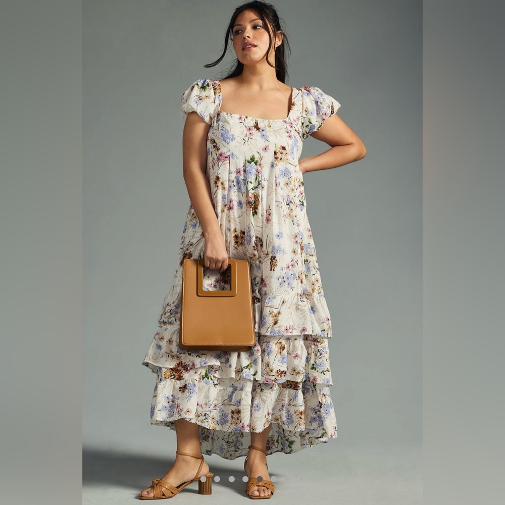 Anthropologie Cream Floral Tiered Maxi Dress